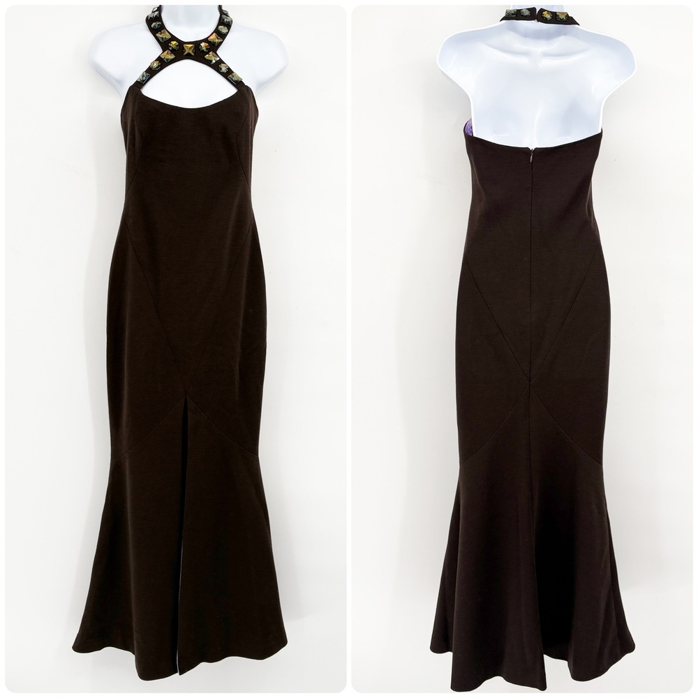 CD Greene Womens Brown 100% Wool Jeweled Halter‎ Neck Mermaid Luxury Gown Dress